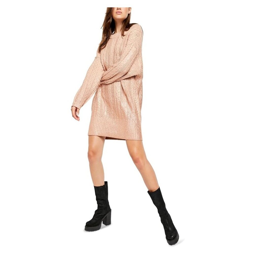 Free People Women's Long-Sleeve Shift Sweater Evening Dress, Cream Puff, Large